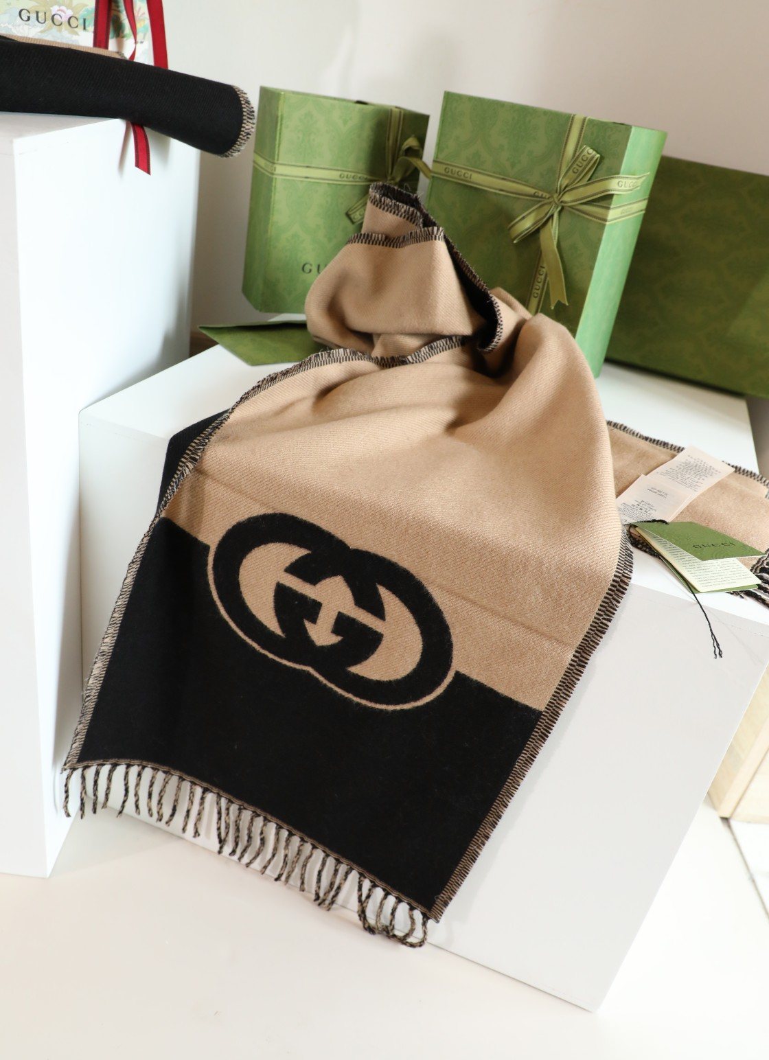 Gucci Black & Camel Beige Fringed Scarf — back