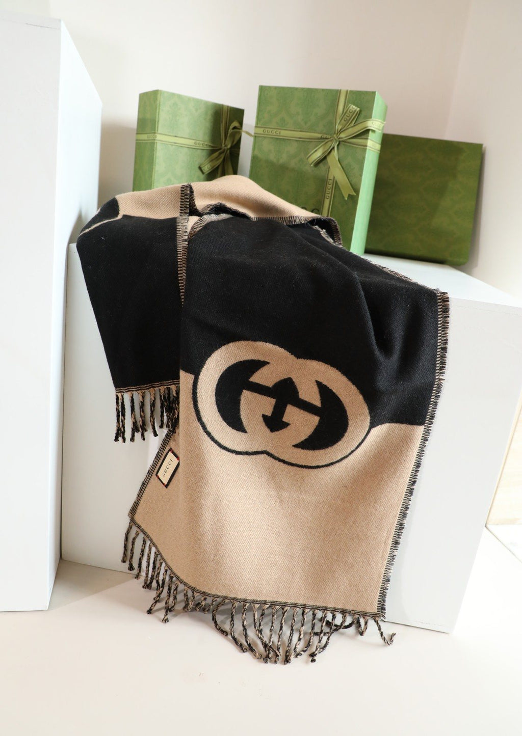 Gucci Black & Camel Beige Fringed Scarf — front