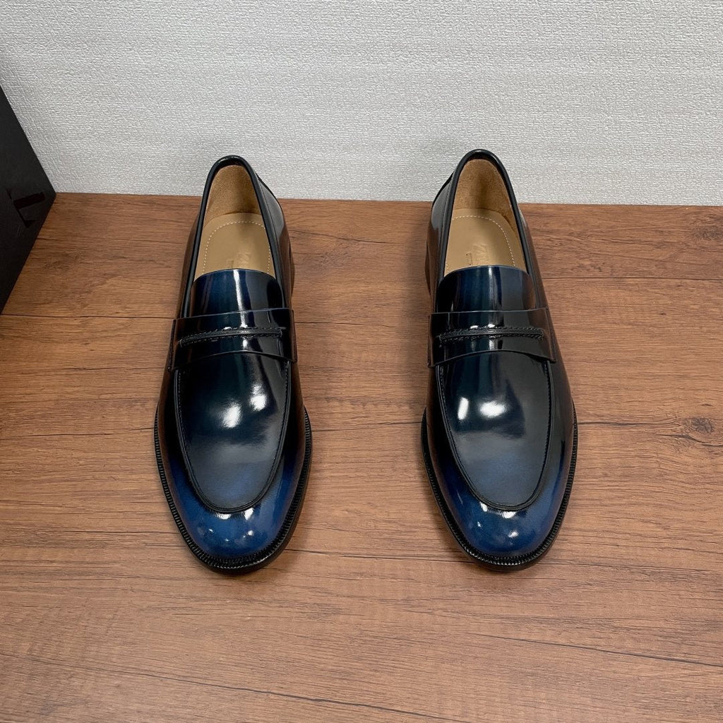 Zegna Dark Navy Leather Loafers — front