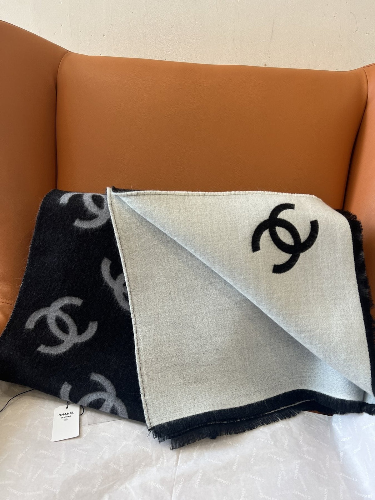 Chanel Reversible Black and Ivory Scarf — side