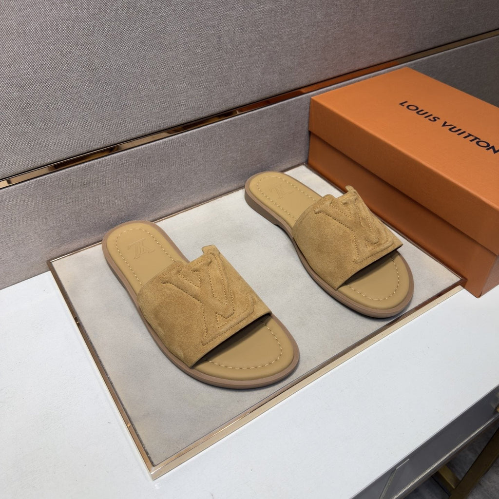 Louis Vuitton Tan Monogram Slide Sandals — front