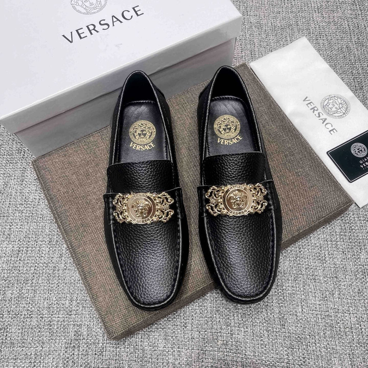 Versace Black Pebbled Leather Loafers — front