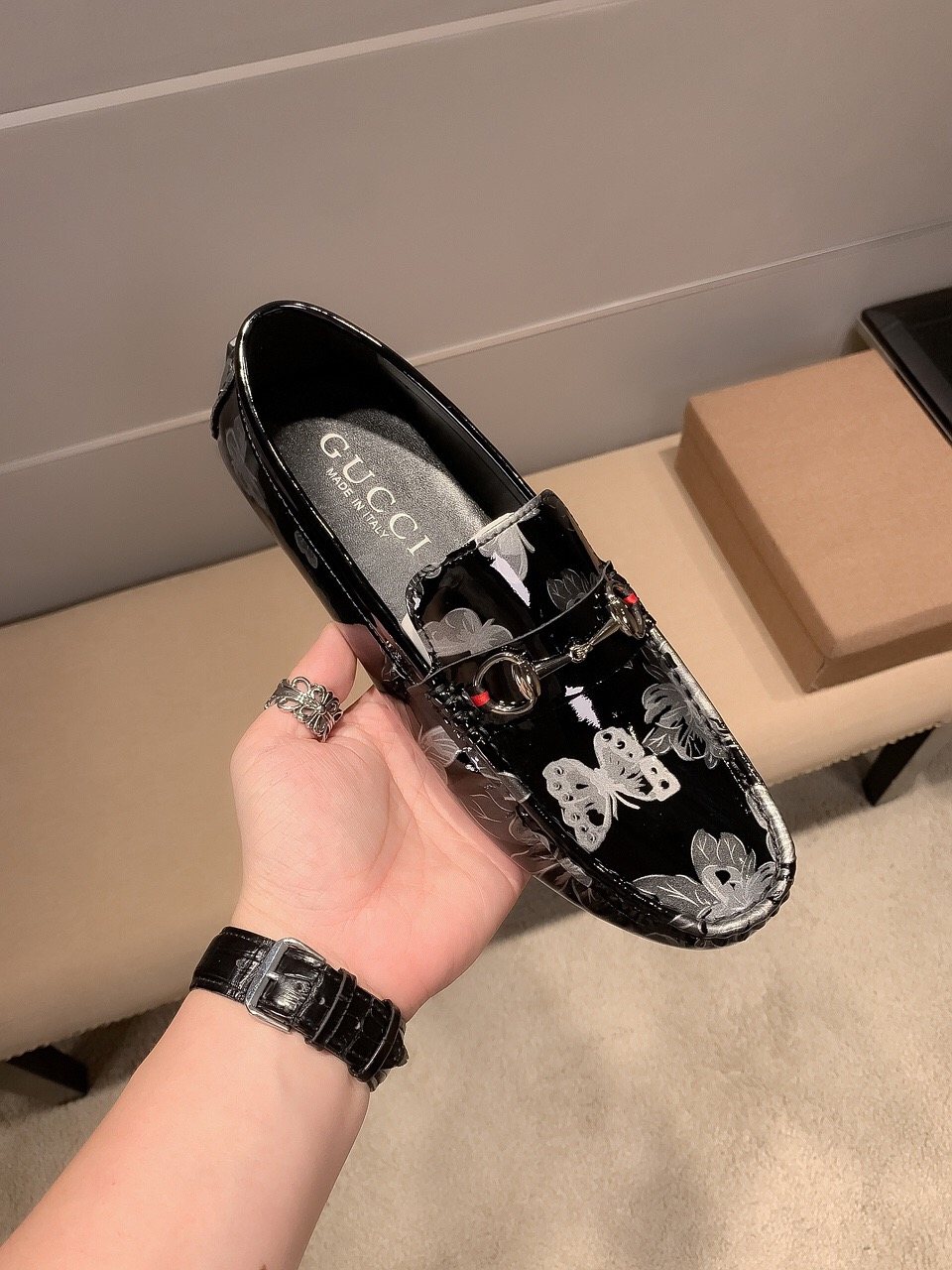 Gucci Butterfly Print Loafers — model
