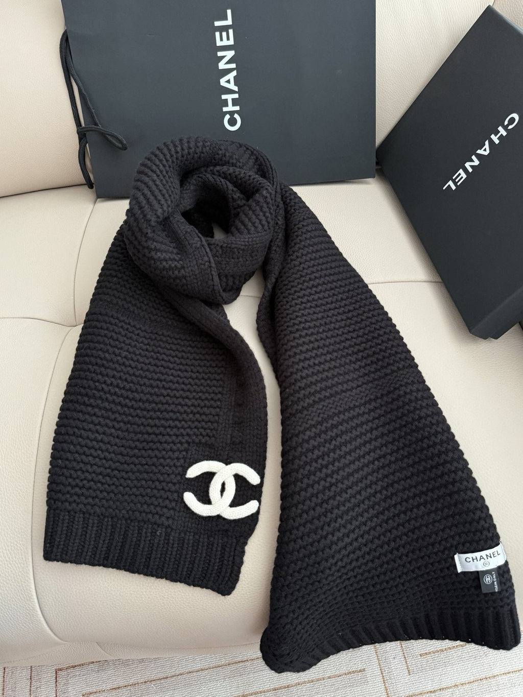 Chanel Black Ribbed Knit Scarf — front