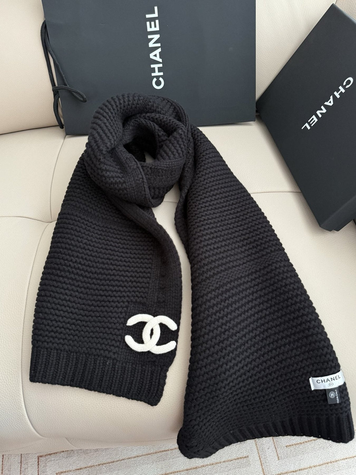 Chanel Black Ribbed Knit Scarf — front