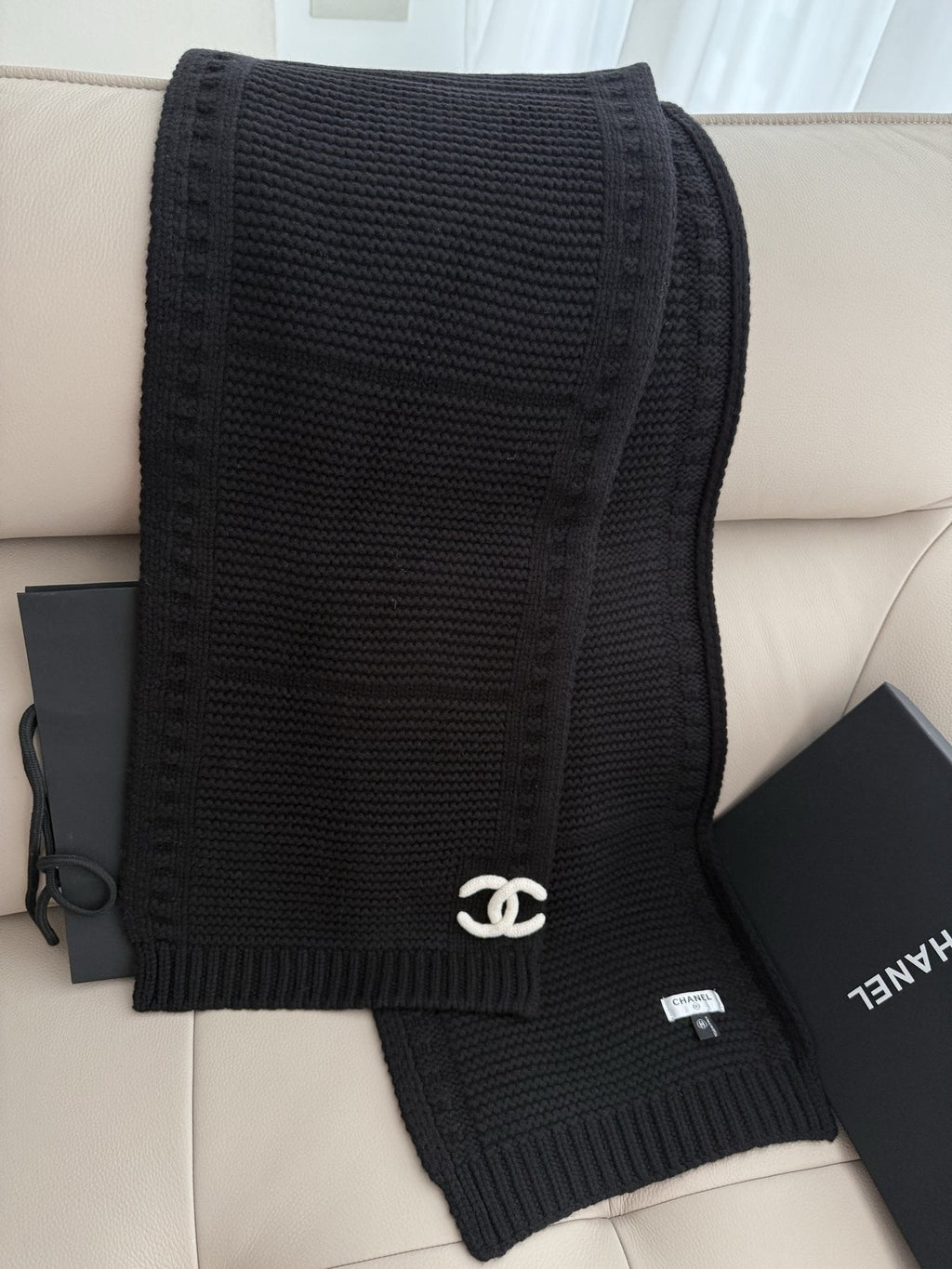 Chanel Black Ribbed Knit Scarf — back