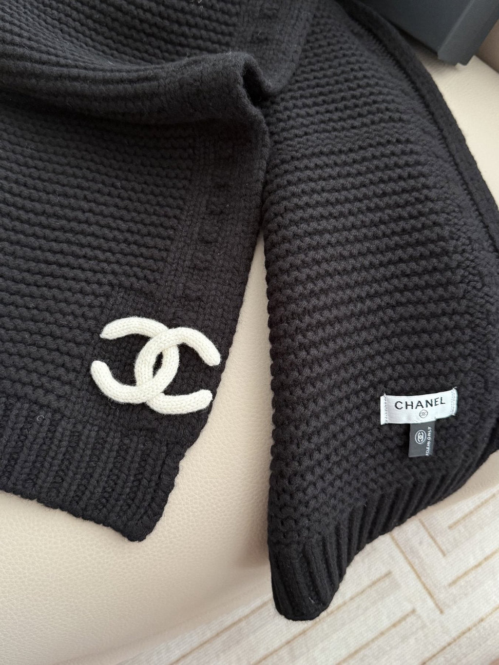 Chanel Black Rib-Knit Logo Scarf — front