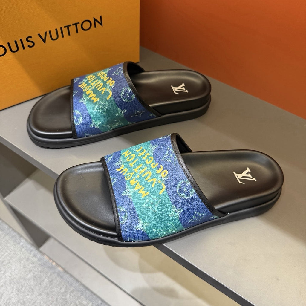 Louis Vuitton Blue & Green Printed Slide Sandals — front