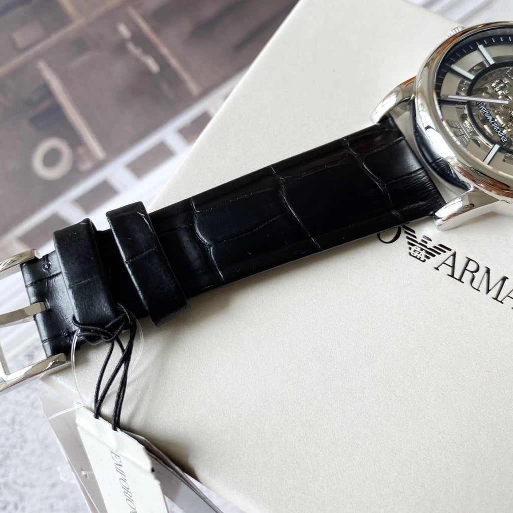 EMPORIO ARMANI Silver-Tone Skeleton Dial Watch — detail