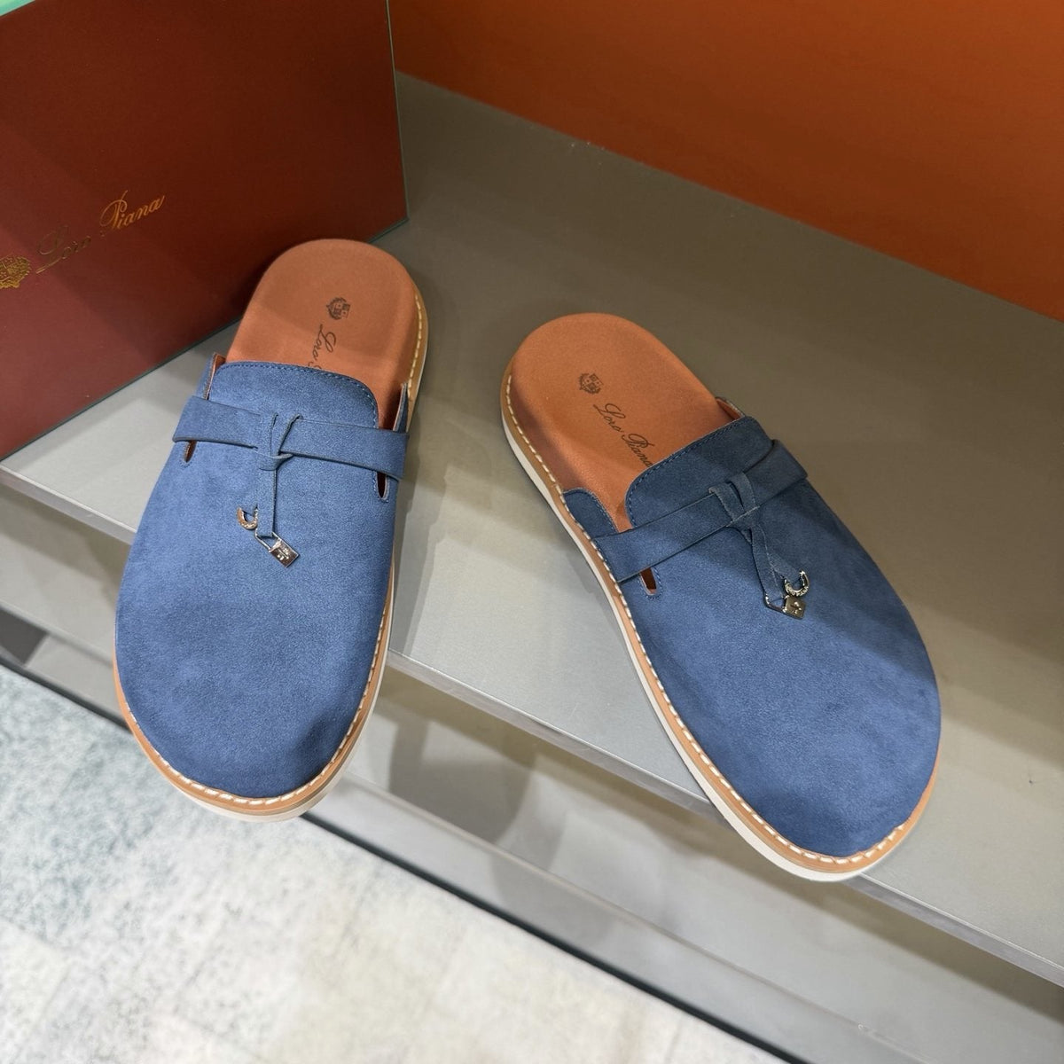 Navy Blue Slip-On Mule Loafers — hero