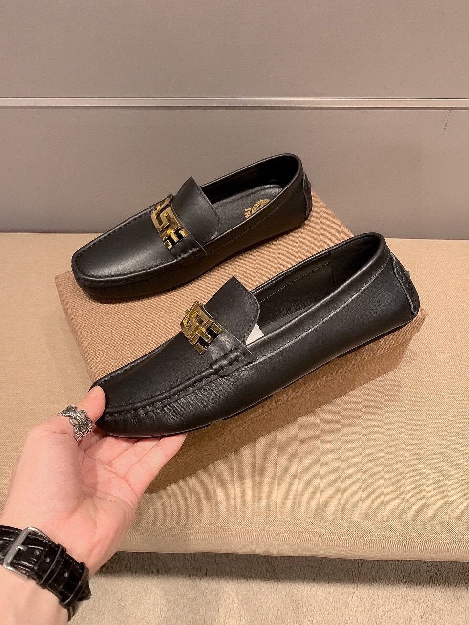 Versace Black Gold-Hardware Loafers — front