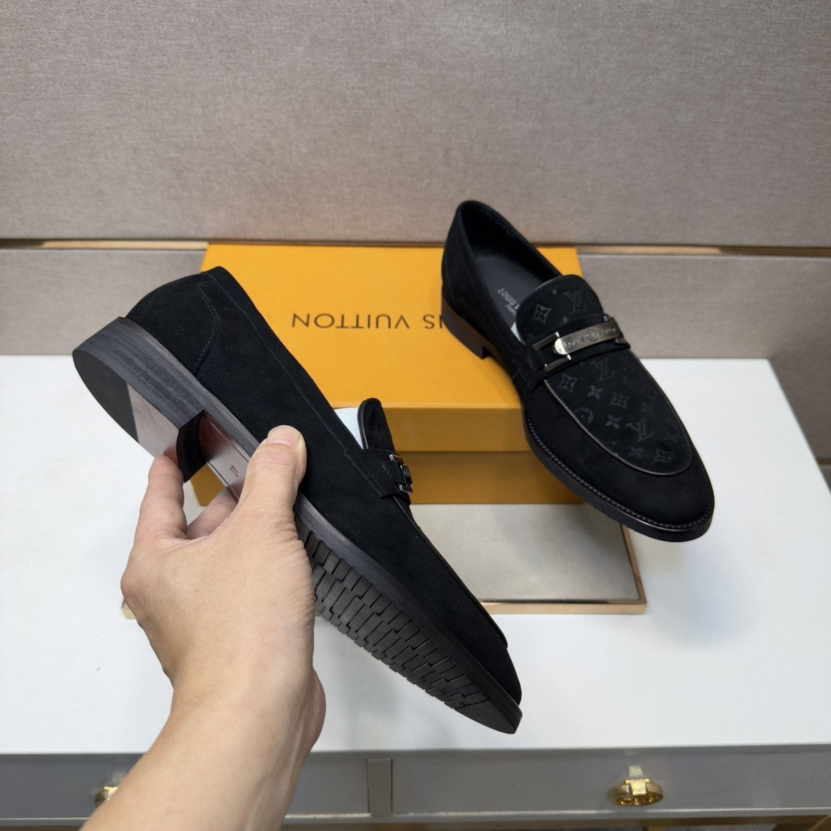 Louis Vuitton Black Monogram Bar Loafers — detail