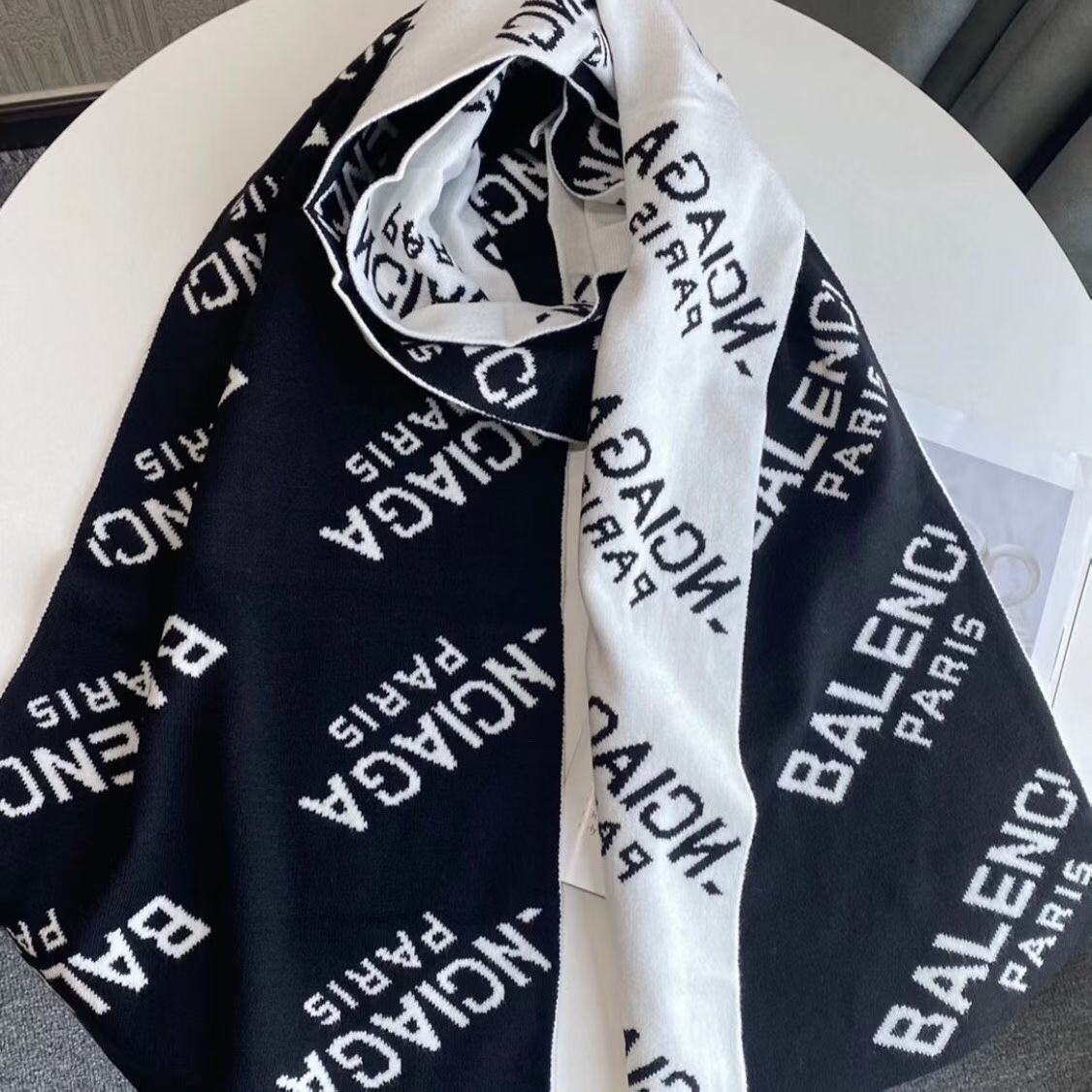 Balenciaga Black & White Knit Scarf — front
