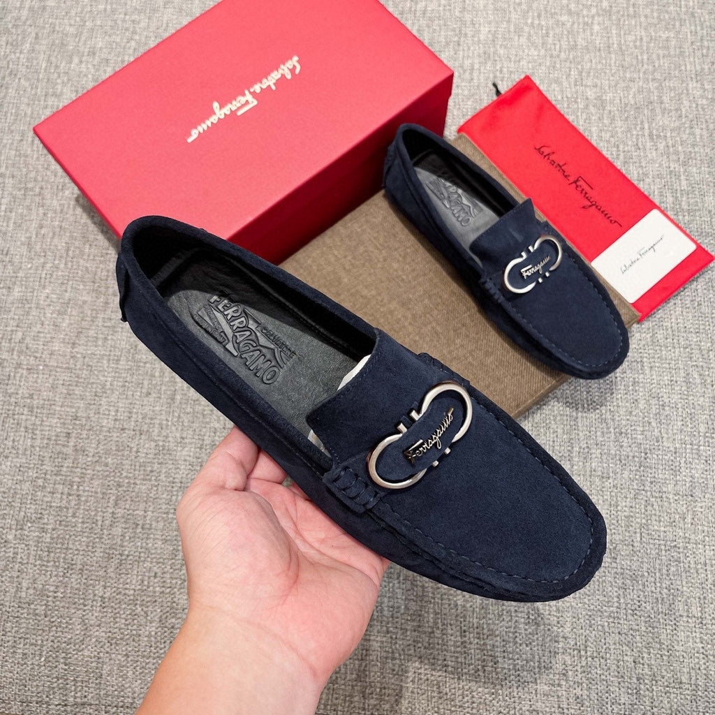Salvatore Ferragamo Navy Suede Bit Loafers — model