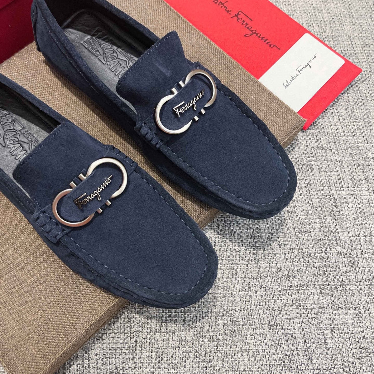 Salvatore Ferragamo Navy Suede Bit Loafers — side