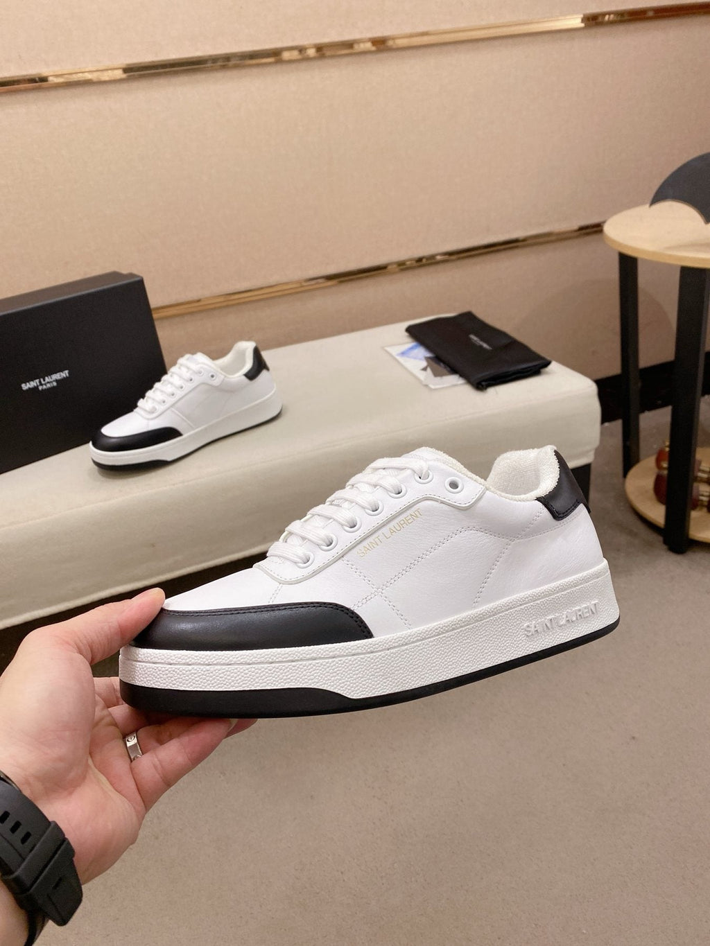 Saint Laurent White & Black Toe-Cap Sneakers — side
