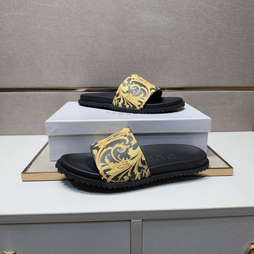 Versace Gold Patterned Strap Slide Sandals — detail