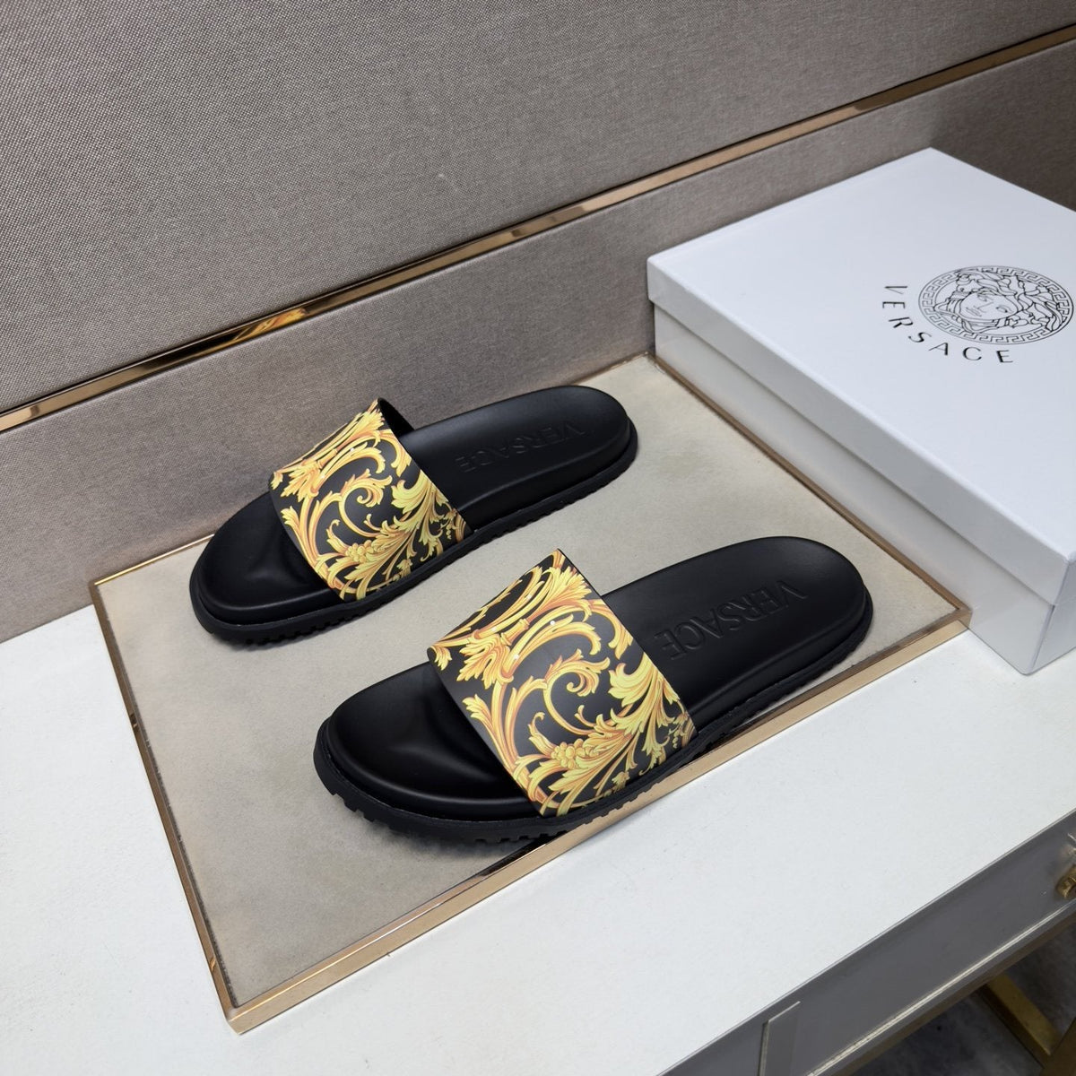 Versace Gold Patterned Strap Slide Sandals — hero