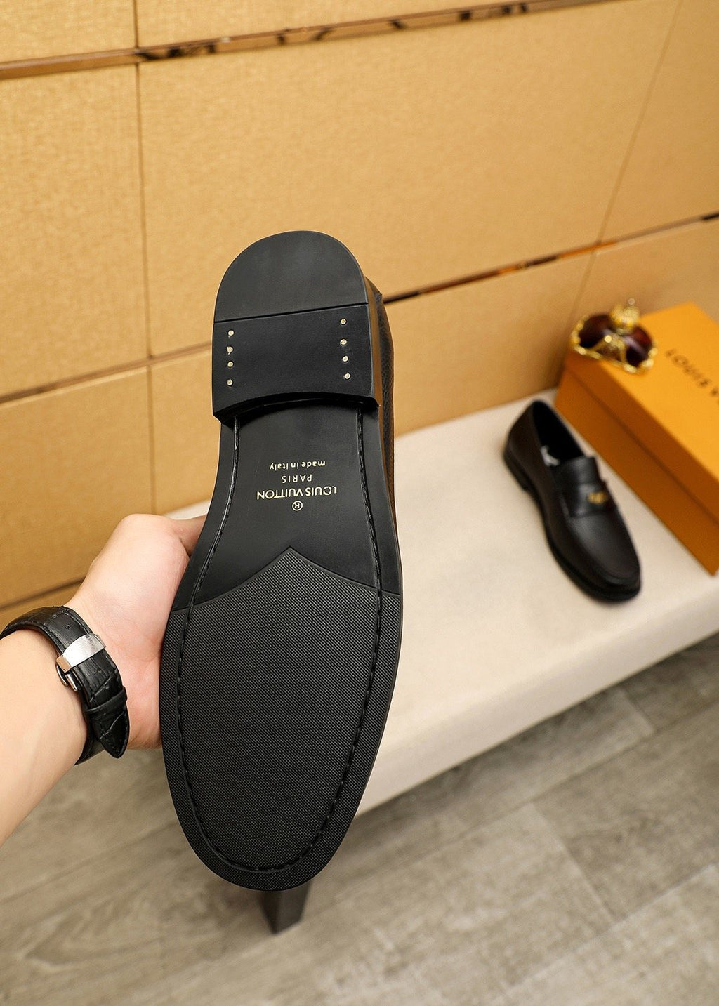 Louis Vuitton Black Pebbled Leather Loafers — detail