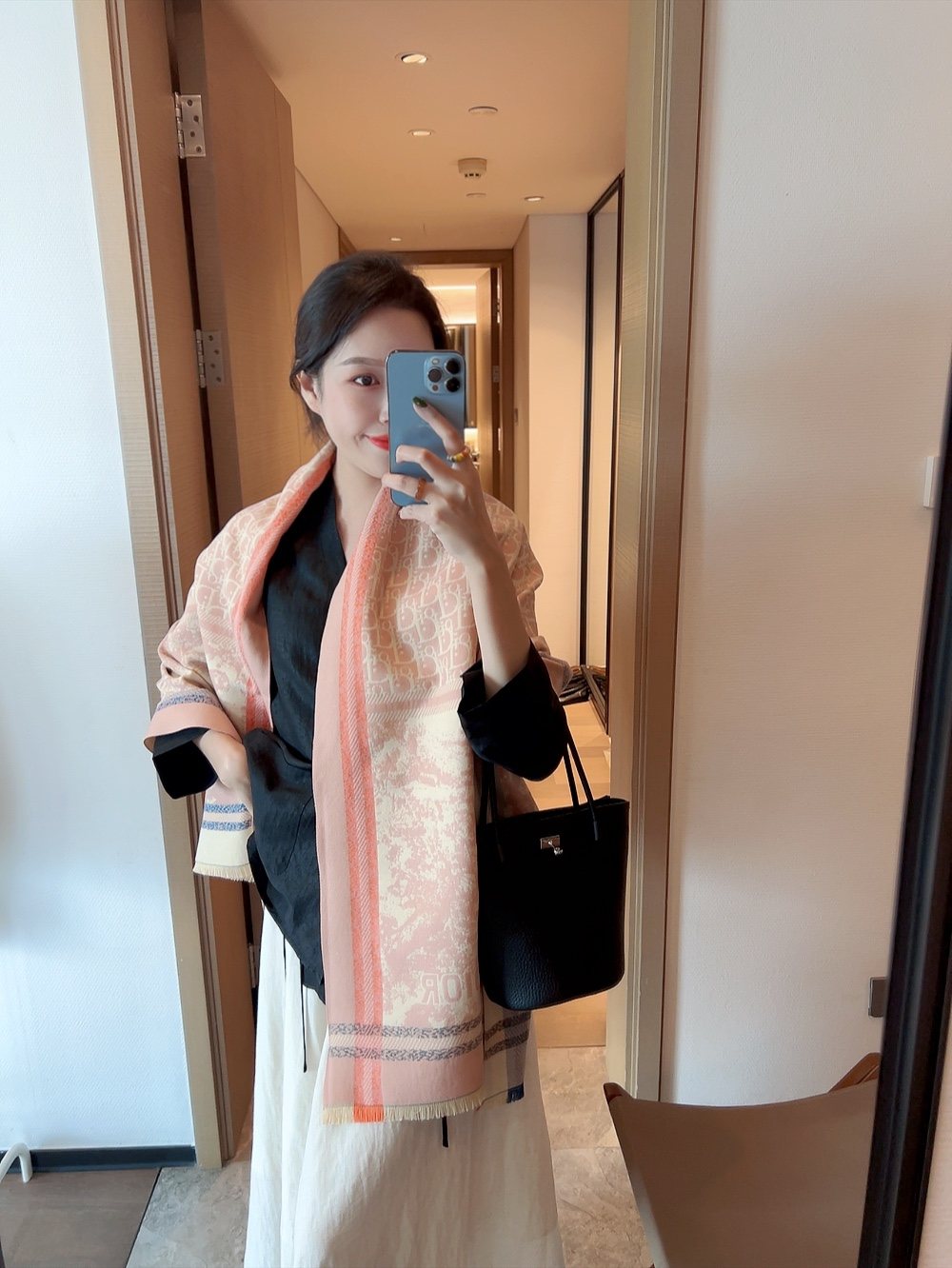 Dior Toile Pattern Fringe Scarf — model