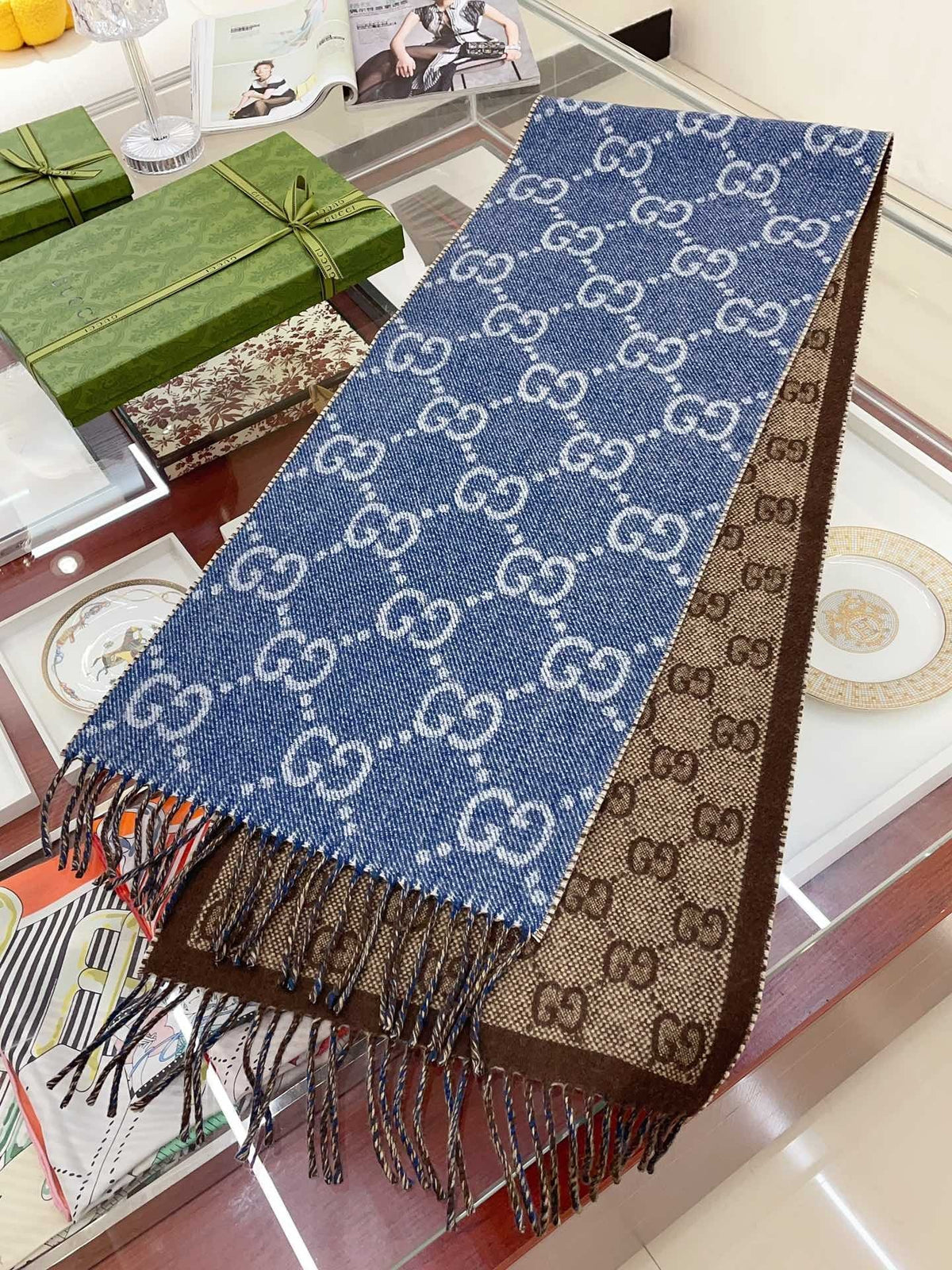 Gucci Reversible Blue and Brown Fringed Scarf — hero