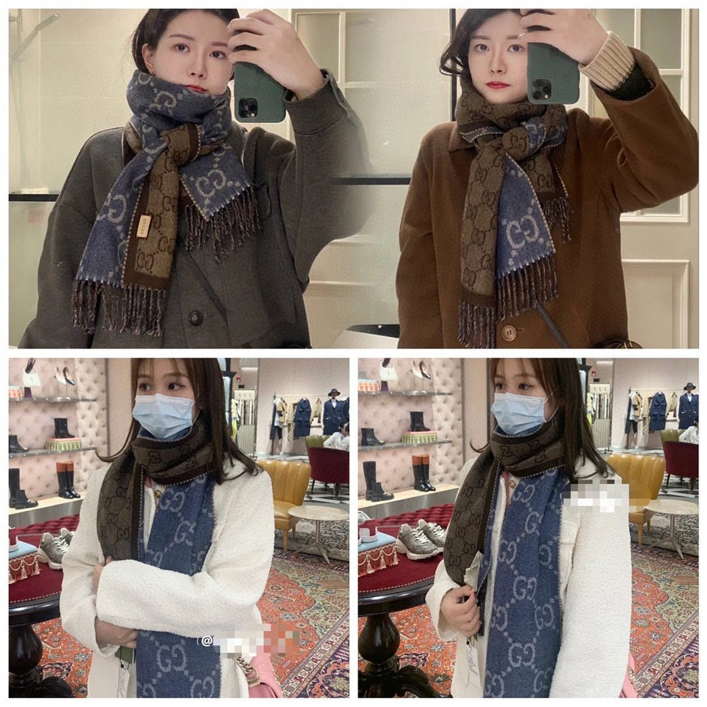 Gucci Reversible Blue and Brown Fringed Scarf — model
