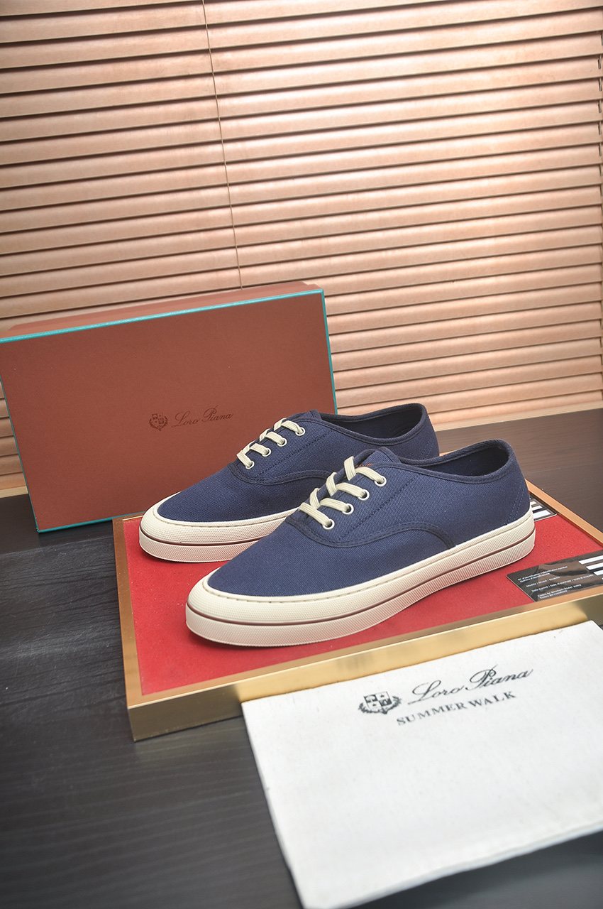 Loro Piana Navy Lace-Up Sneakers — front