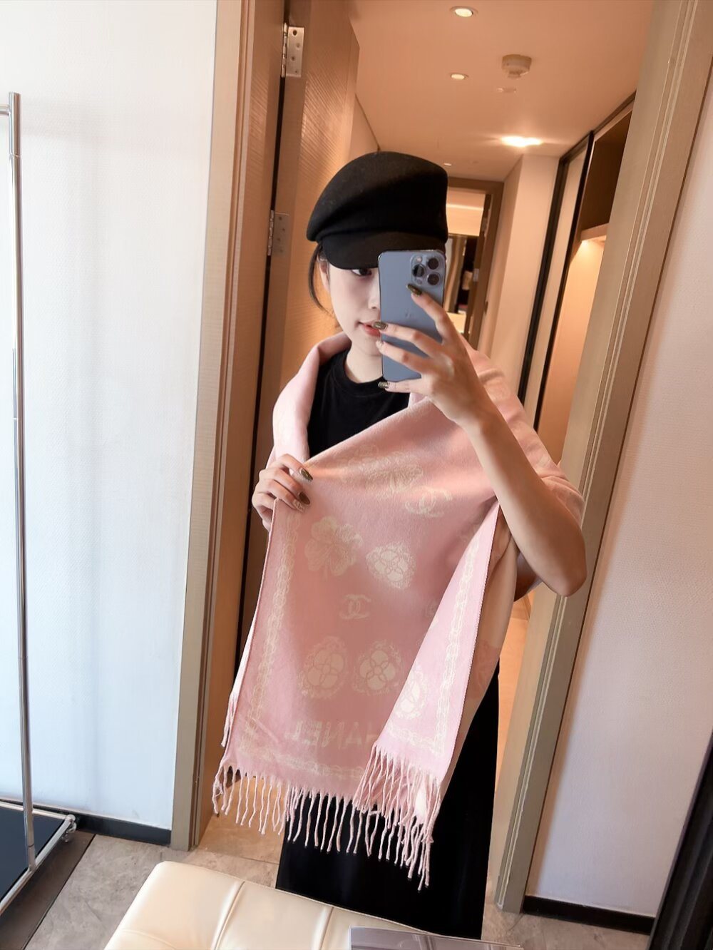 Chanel Fringed Patterned Scarf — front