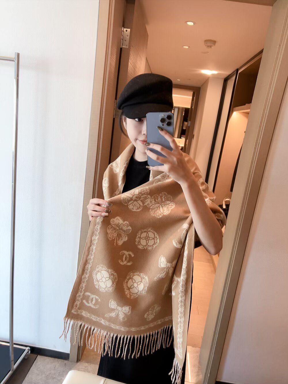 Chanel Fringed Patterned Scarf — front