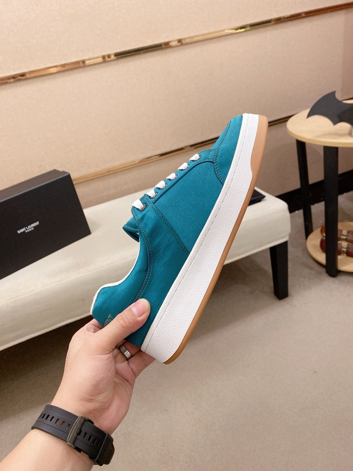 Saint Laurent Teal Blue Perforated Low-Top Sneakers — side