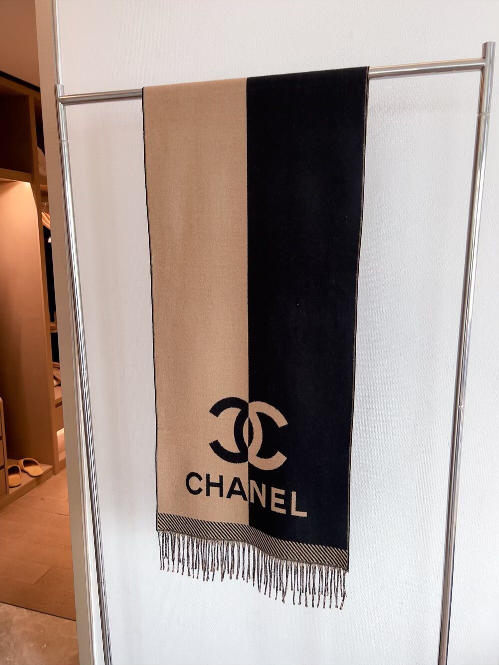 Chanel Logo Panel Fringed Scarf — front