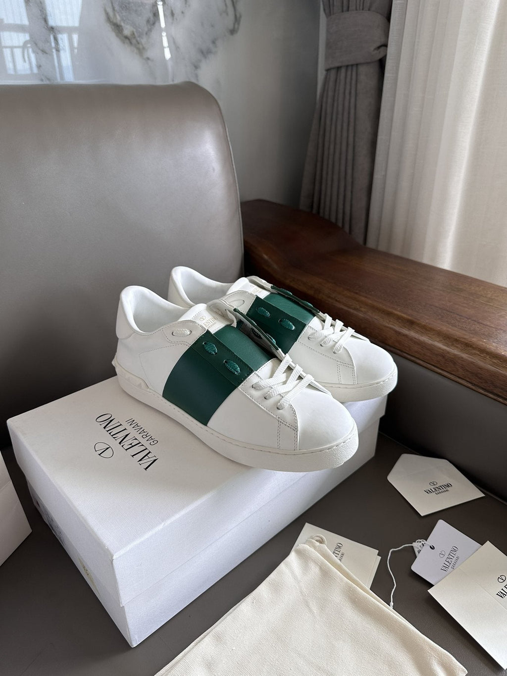 Valentino White and Green Studded Low-Top Sneakers — side