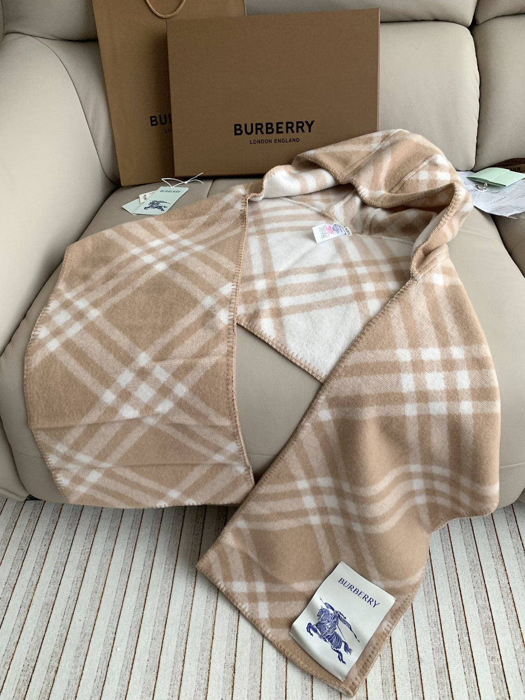 Burberry Beige Plaid Fringe Scarf — side