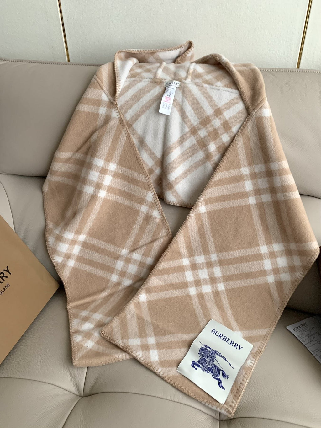 Burberry Beige Plaid Fringe Scarf — front