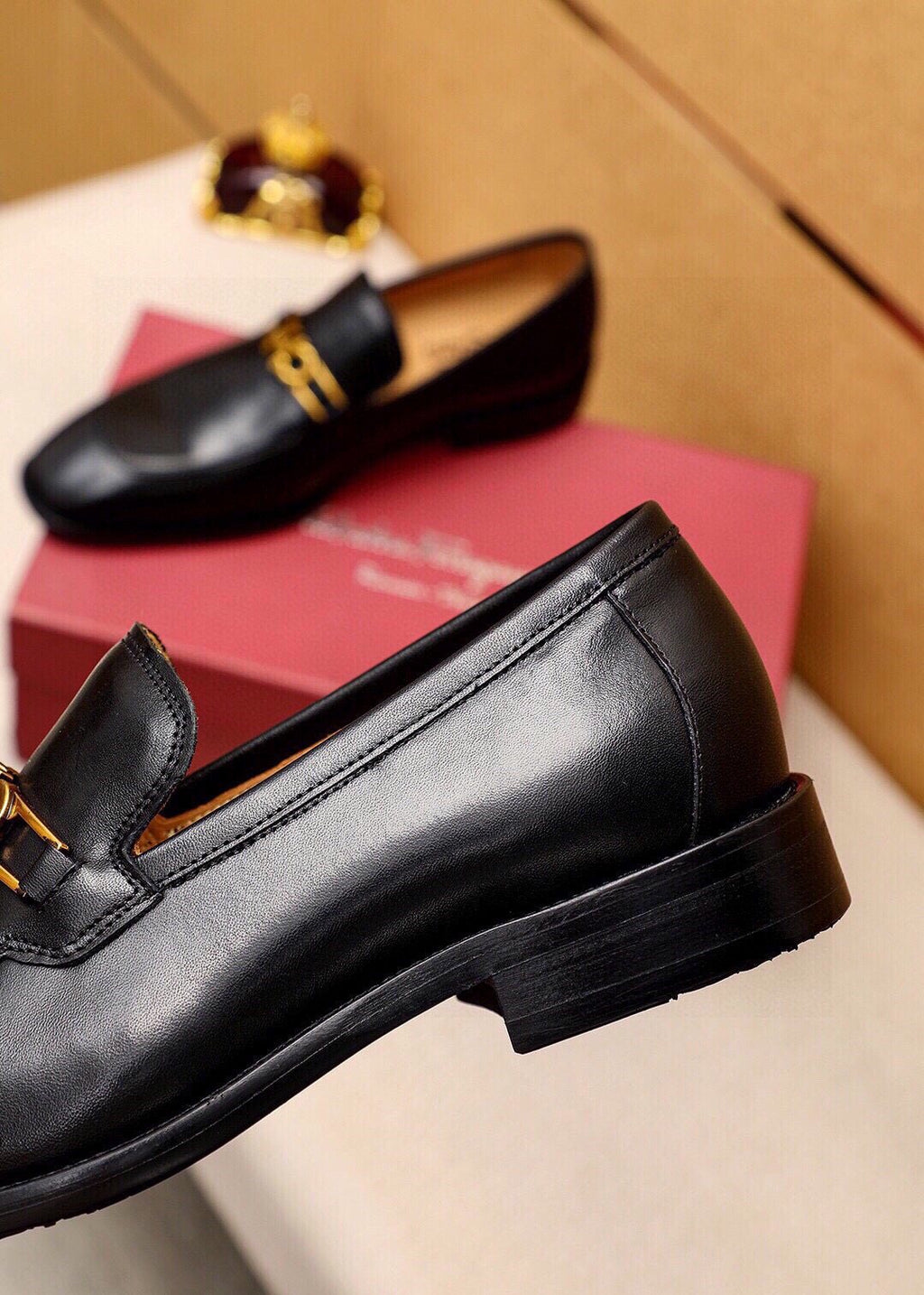 Ferragamo Black Leather Hardware Loafers — detail