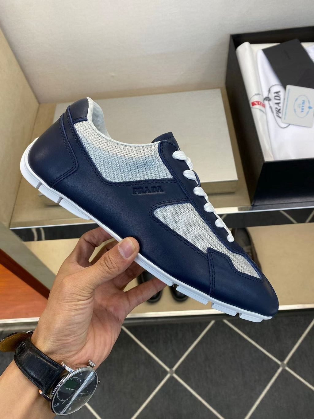 Prada Navy Blue Panel Low-Top Sneakers — side