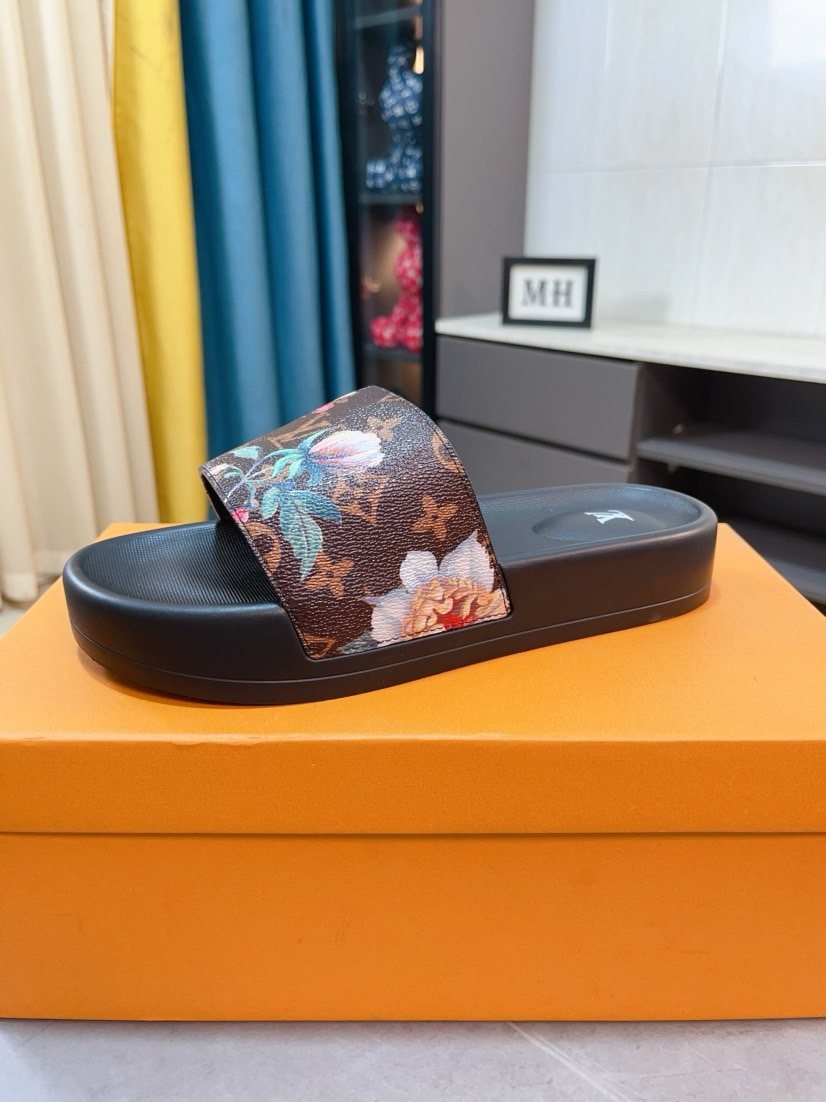Louis Vuitton Brown Floral Print Slide Sandals — side