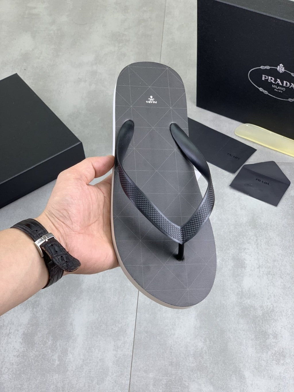微商相册测试鞋子-Prada Dark Gray and Black Flip-Flops — front