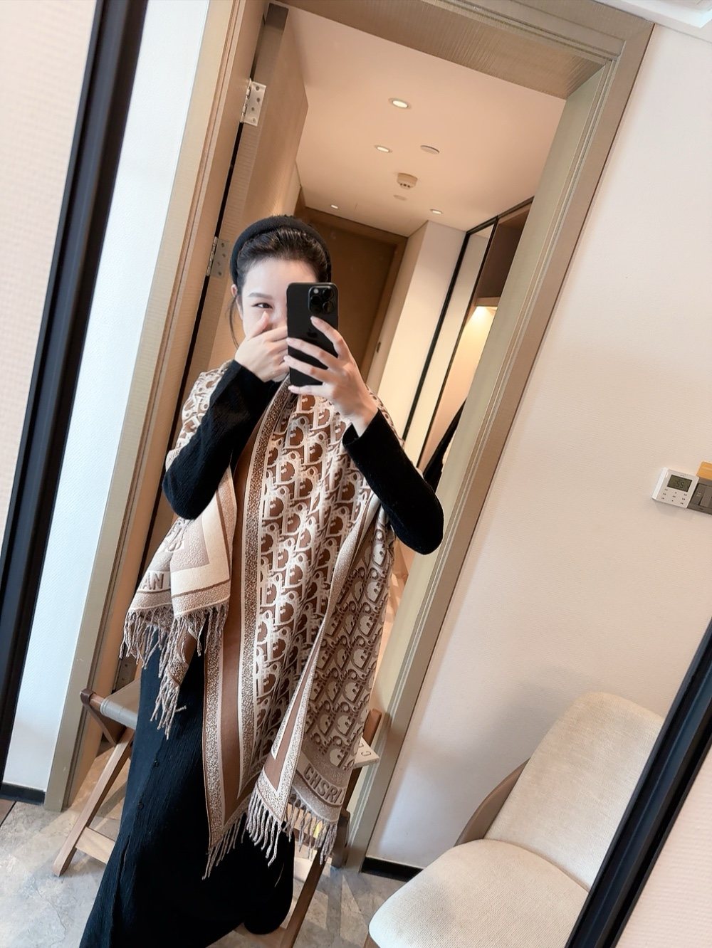 Dior Patterned Fringe Scarf — model