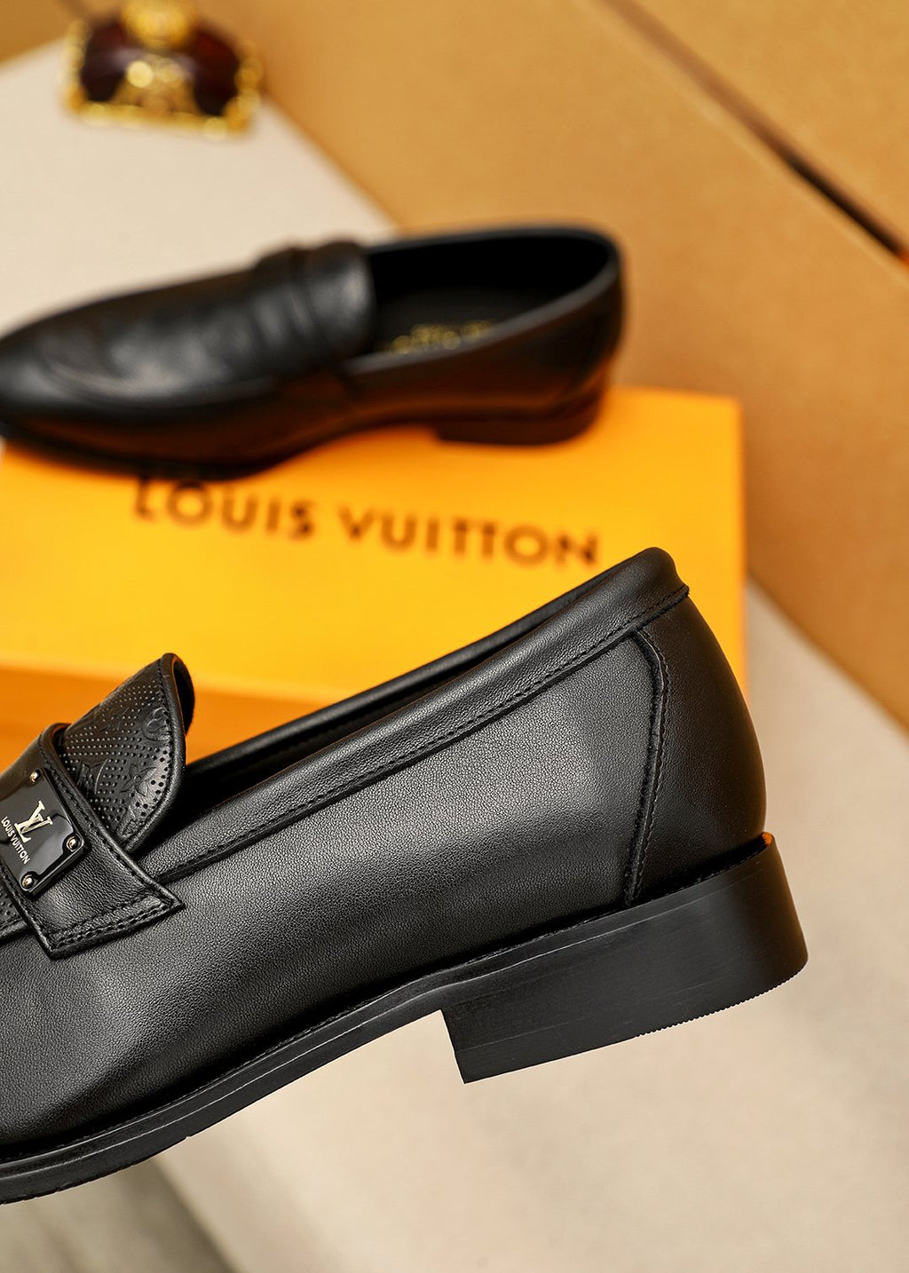 Louis Vuitton Black Embossed Loafers — detail