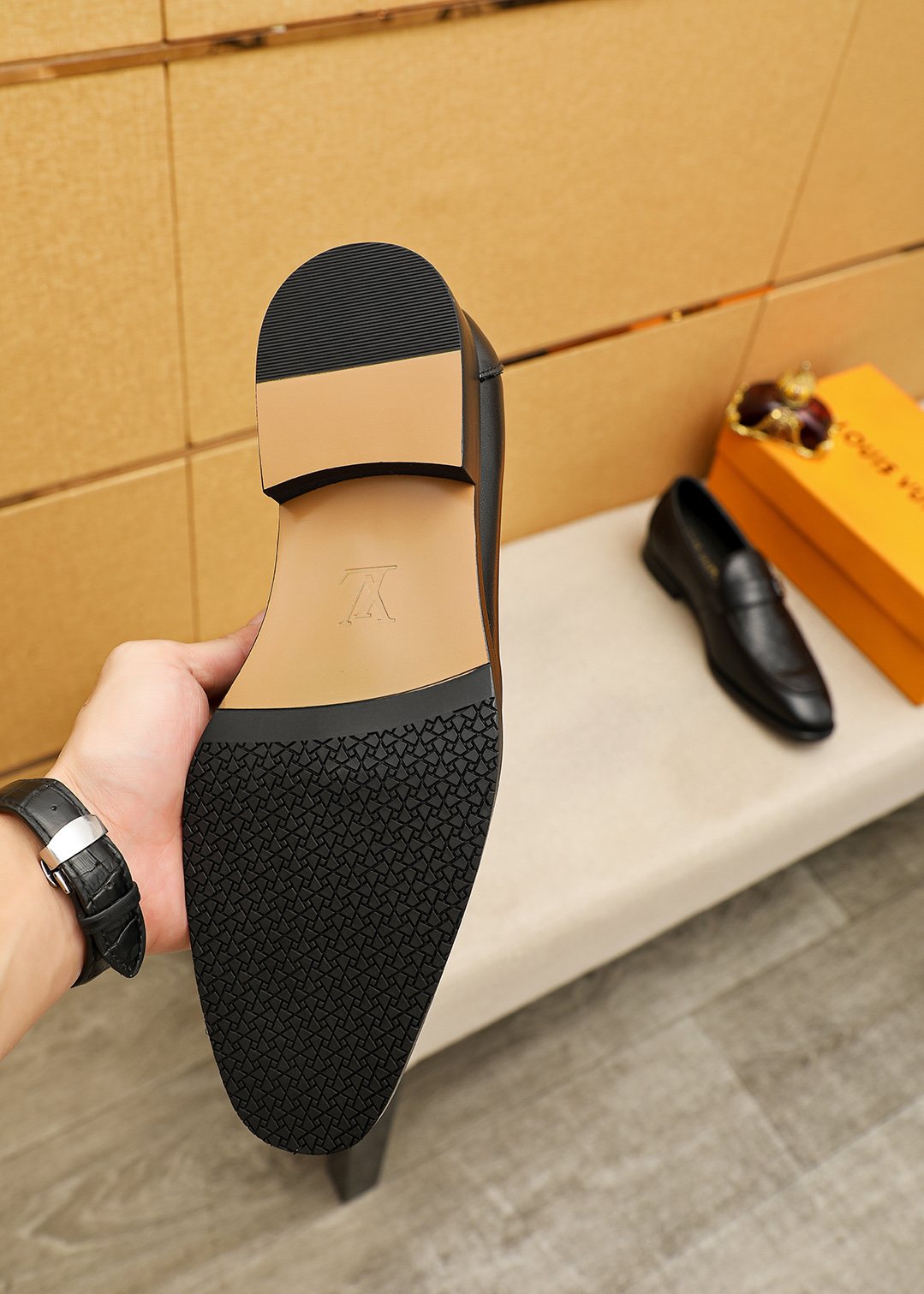 Louis Vuitton Black Embossed Loafers — detail