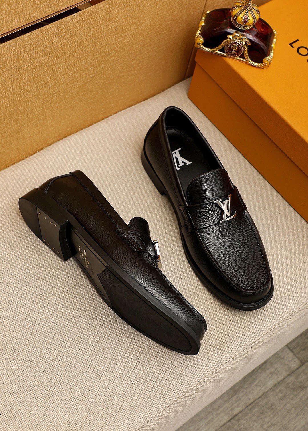 Louis Vuitton Black Leather Buckle Loafers — front
