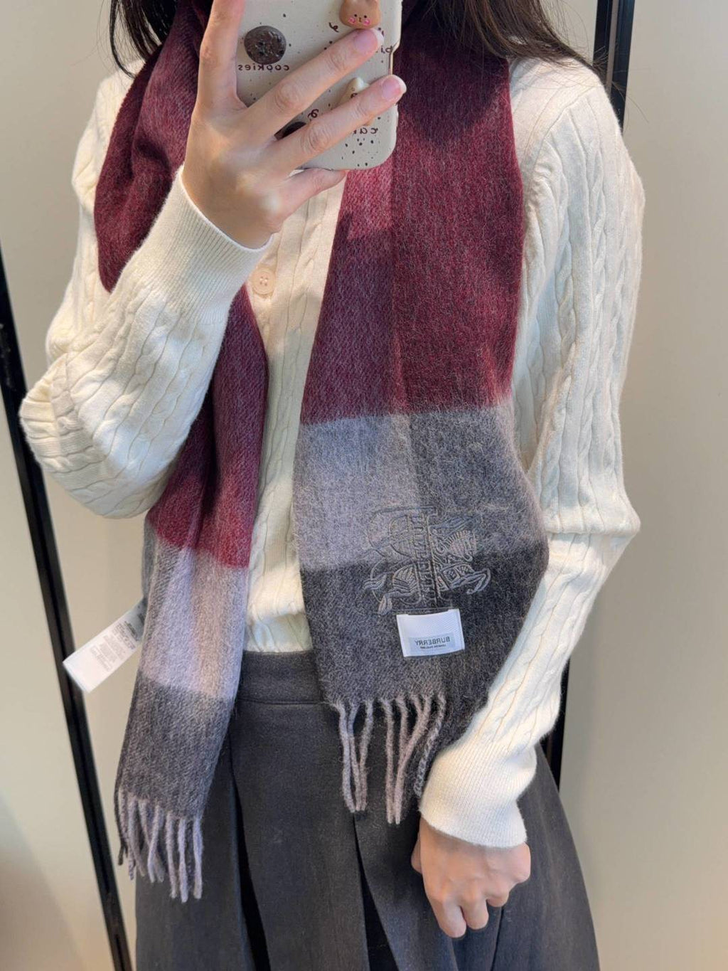Burberry Burgundy Plaid Fringed Scarf — model
