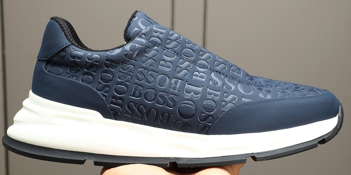 BOSS Navy Textured Slip-On Sneakers — front