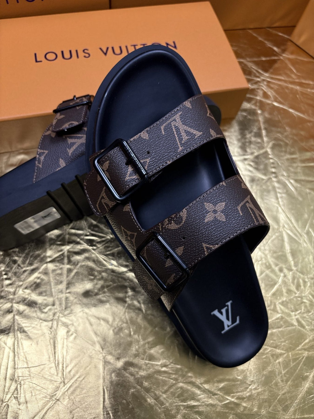 Louis Vuitton Monogram Double-Buckle Slide Sandals — detail