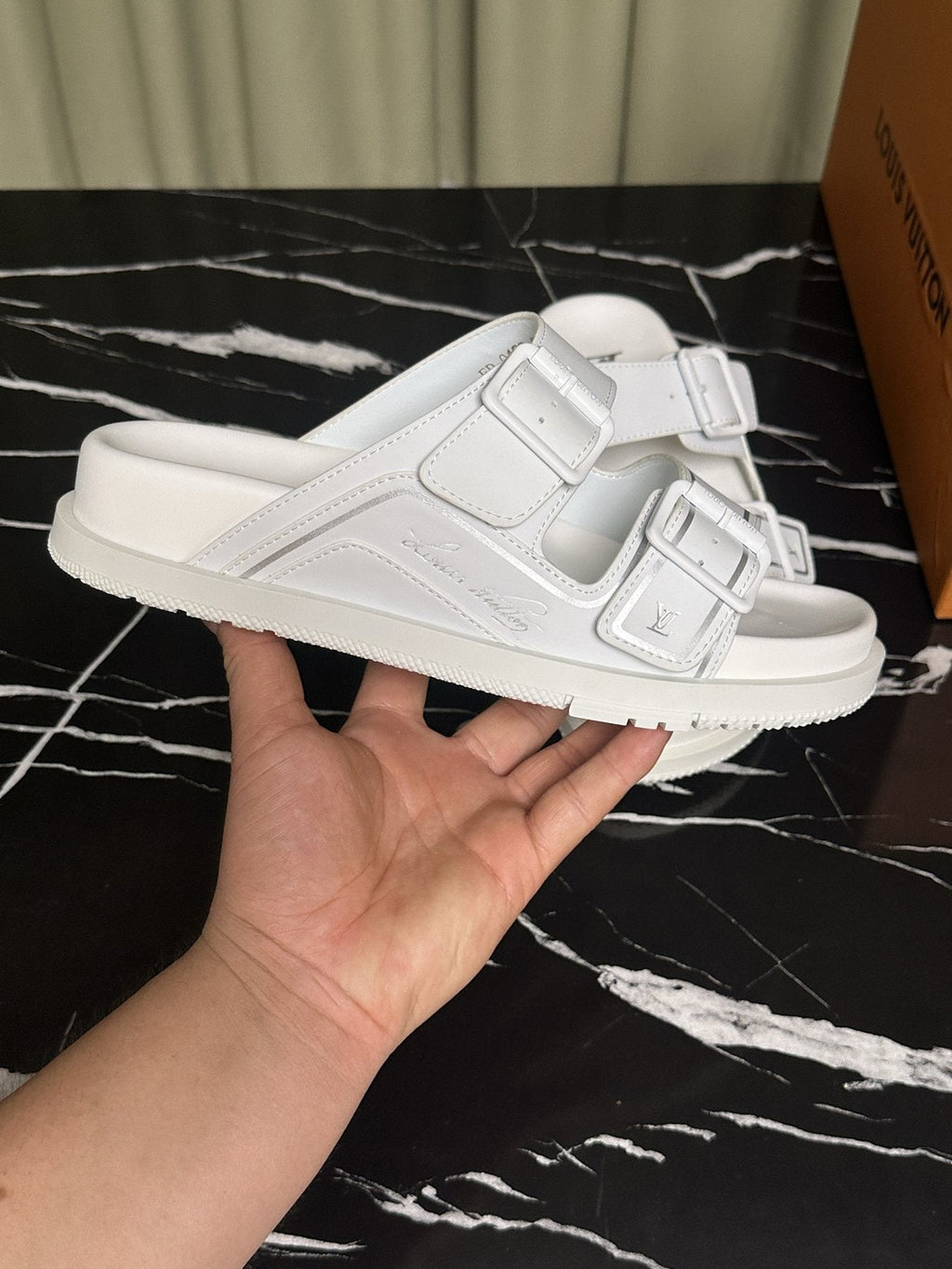Louis Vuitton White Double-Buckle Slide Sandals — side