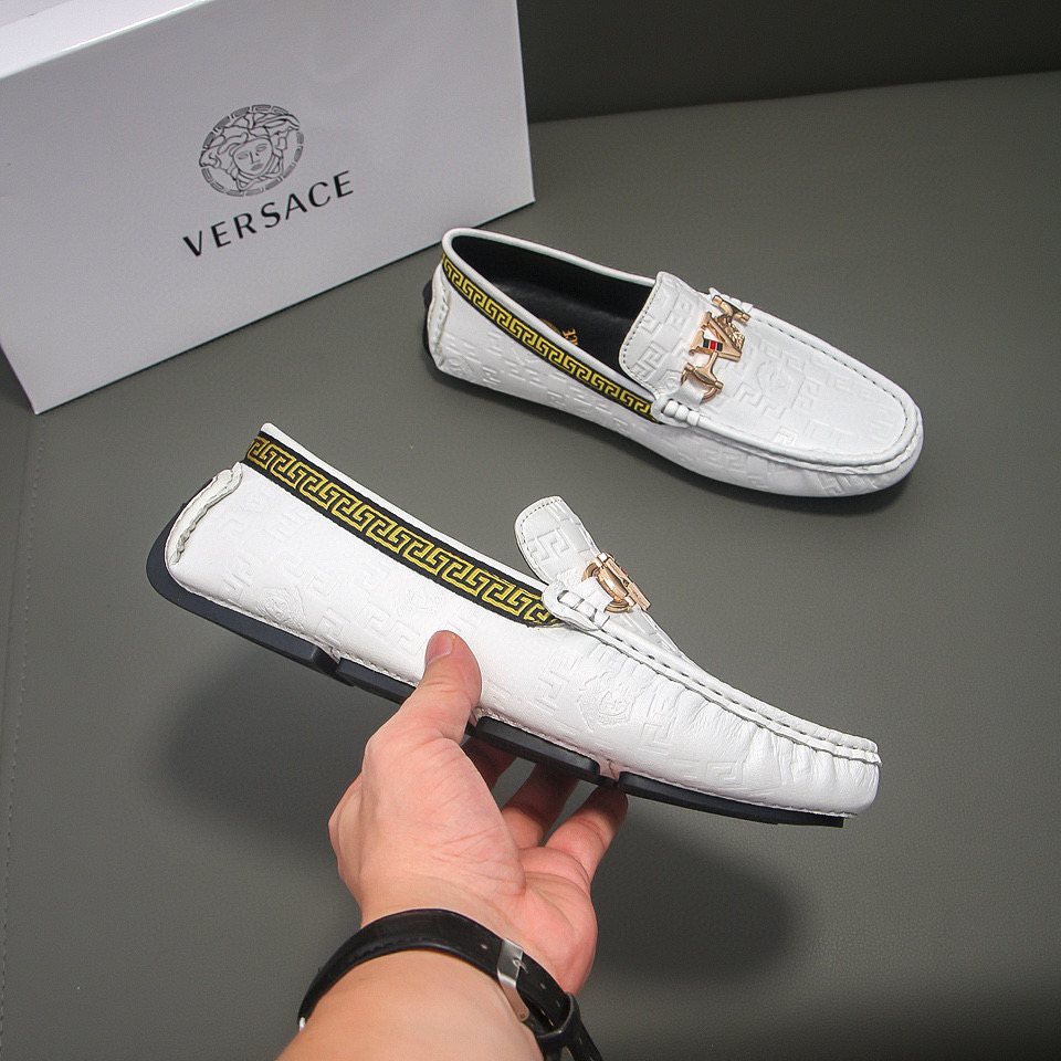 Versace White Textured Slip-On Loafers — side
