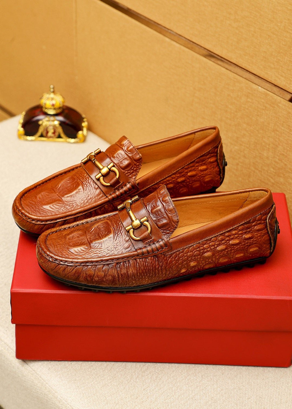 Ferragamo Brown Embossed Driving Loafers — front
