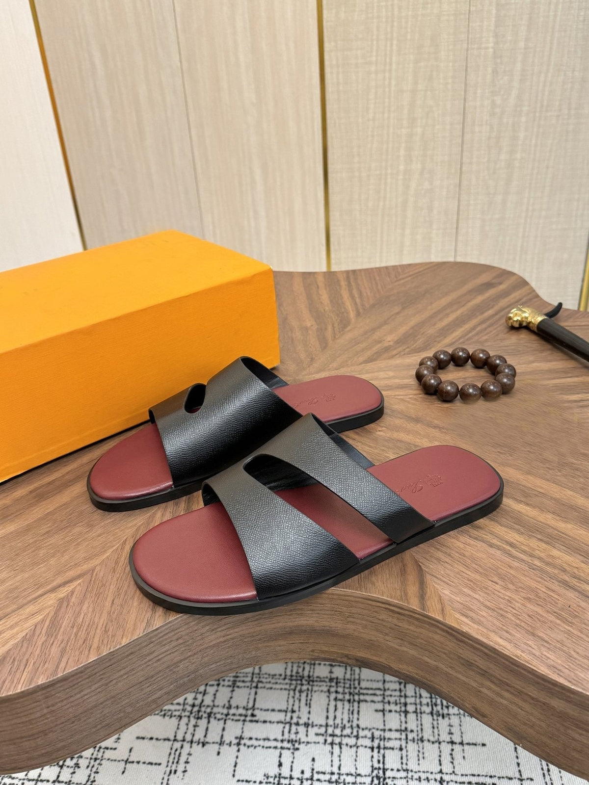 Loro Piana Black and Burgundy Slide Sandals — front