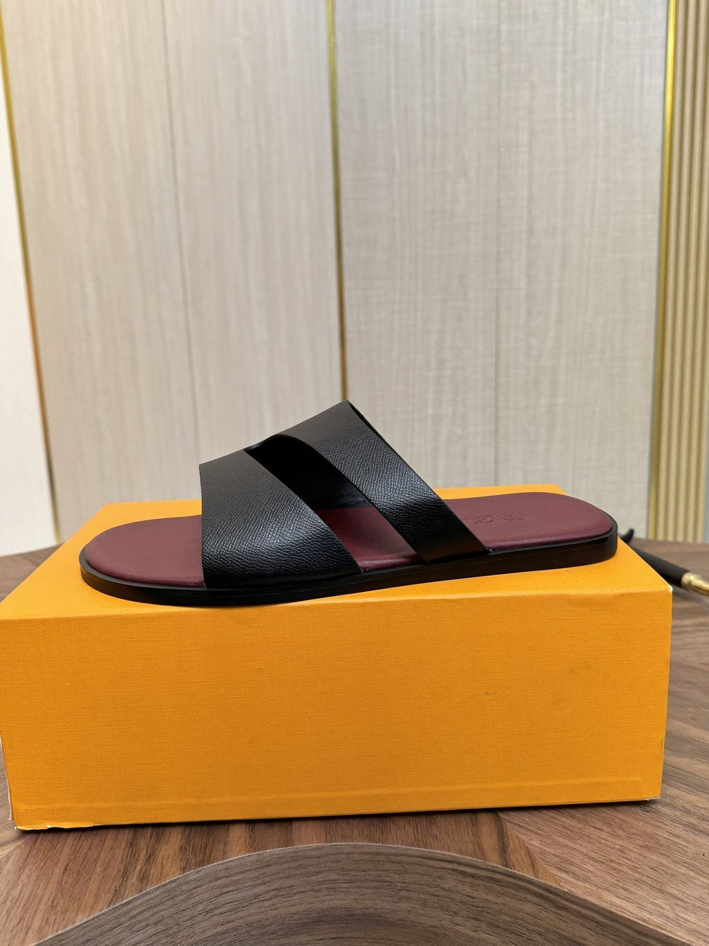 Loro Piana Black and Burgundy Slide Sandals — side